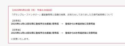 【グラブル】「LinksMate」リンクス交換チケットの仕様変更について続報、11月より「1年経過後」に変更の予定から「6ヶ月経過後」に変更へのサムネイル画像